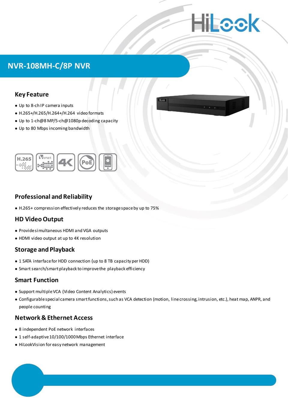 HiLook NVR-108MH-C/8P 8CH C Series NVR with 3TB HDD 0